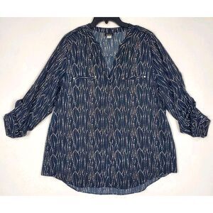 Simply Emma Women's Blouse 2x V-Neck 3/4 Sleeve Roll Tab Dark Navy